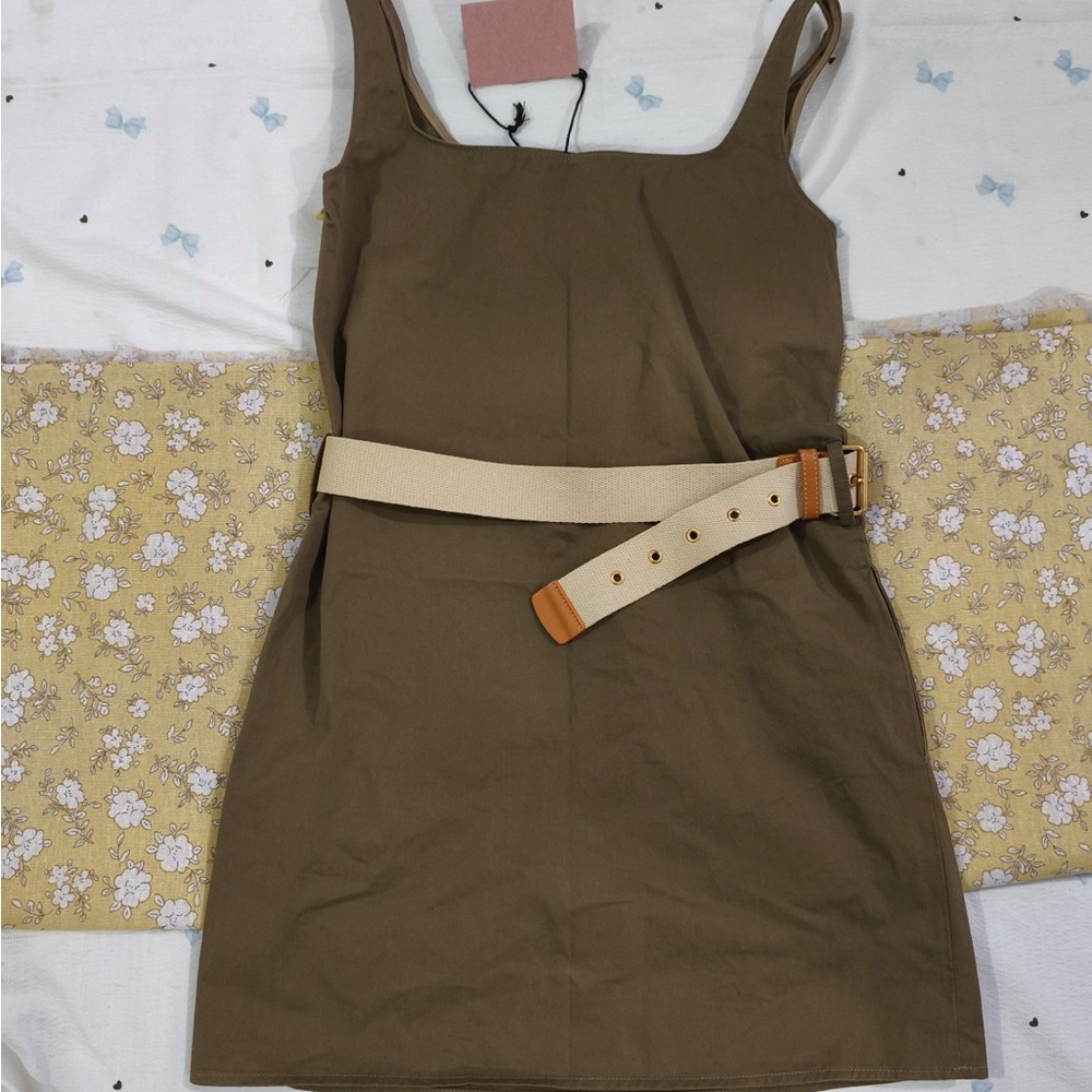Miu Miu Brown Square-Neck Mini Dress with Cream Belt - Picture 7 of 8